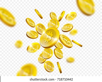 Bitcoin cryptocurrency of internet mining and digital virtual currency miner payment. Cryptography money virtual technology symbol. Vector gold 3D bitcoins cash splash background