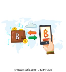 Bitcoin cryptocurrency Internet wallet money sending vector illustration concept. Illustration of buying and selling bitcoins online worldwide. Open crypto trading