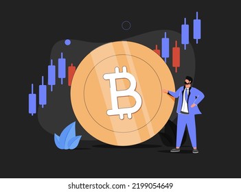 Bitcoin and cryptocurrency investing, crypto trading make profit and earning from Bitcoin price, businessman investor using computer to trade crypto on big Bitcoin with candlestick price graph chart.