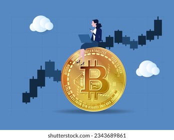 Bitcoin and cryptocurrency investing, crypto trading make profit from Bitcoin price, businesswoman investor using computer to trade crypto on big Bitcoin with candlestick price graph chart. svg
