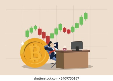 Bitcoin and cryptocurrency investing, crypto trading make profit and earning from Bitcoin price, businessman investor using computer to trade crypto on big Bitcoin with candlestick price graph chart. svg