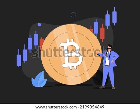 Bitcoin and cryptocurrency investing, crypto trading make profit and earning from Bitcoin price, businessman investor using computer to trade crypto on big Bitcoin with candlestick price graph chart.