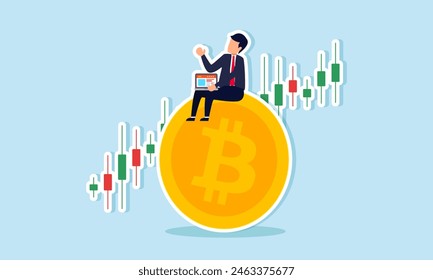 Bitcoin and cryptocurrency investing, trading to earn profit from rising Bitcoin prices, concept of Businessman investor using computer to trade crypto on large Bitcoin with candlestick price chart