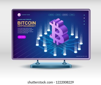 Bitcoin cryptocurrency isometric concept on Modern construction, Isometric vector concept banner, Marketing and finance vector isometric concept.