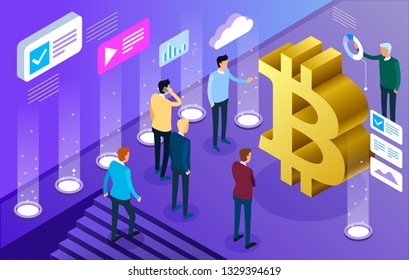 Bitcoin cryptocurrency isometric concept, Isometric vector concept banner, Marketing and finance vector isometric concept.