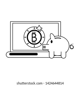 Bitcoin cryptocurrency laptop and piggy savings symbols vector illustration graphic design