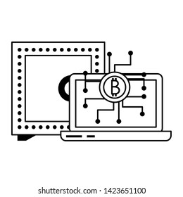 Bitcoin cryptocurrency laptop and strongbox symbols vector illustration graphic design