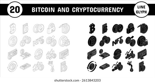 Bitcoin and Cryptocurrency Line Glyph Vector Illustration Icon Sticker Set Design Materials