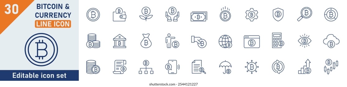 Conjunto de iconos de línea de Bitcoin y criptomoneda. Conjunto de 30 iconos de esquema relacionados con bitcoin, moneda, moneda digital, minería, dinero electrónico, sistema de pago y otros. Ilustración vectorial.