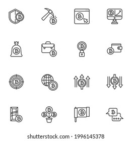 Juego de iconos de línea criptodivisa de bitcoin, colección de símbolos de vector de contorno fintech, paquete de pictogramas de estilo lineal. Señales, ilustración del logotipo. Set incluye iconos como blockchain, dinero digital, minería de bitcoin