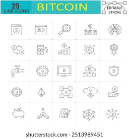 Conjunto de iconos de línea de Bitcoin y criptomonedas - 25 iconos de trazo editables para blockchain, moneda digital y Tecnología financiera