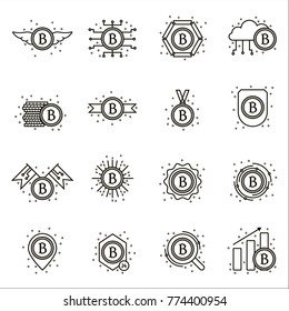 Iconos de línea criptodivisa de bitcoin establecidos en fondo aislado. Colección de símbolos y signos de esquema de moneda criptográfica de moneda de bits. Pictogramas virtuales y digitales de dinero btc en diseño lineal delgado.