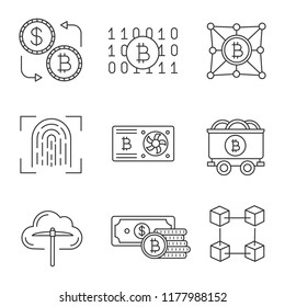 Bitcoin cryptocurrency linear icons set. Graphic card, bitcoin exchange, binary code, finger scan, mine cart, mining, money, blockchain, fintech. Isolated vector outline illustrations. Editable stroke