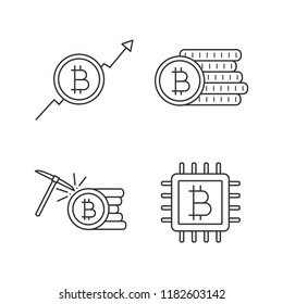 Bitcoin cryptocurrency linear icons set. Market growth chart, bitcoin coins stack, mining, microchip. Thin line contour symbols. Isolated vector outline illustrations. Editable stroke