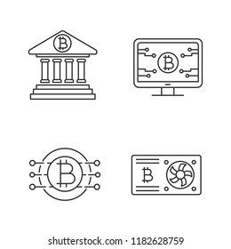 Bitcoin cryptocurrency linear icons set. Online banking, bitcoin official web page, graphic card, CPU mining. Thin line contour symbols. Isolated vector outline illustrations. Editable stroke