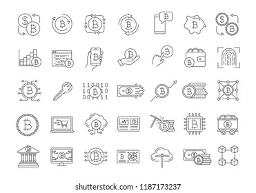 Bitcoin Cryptocurrency Linear Icons Set. Digital Money. Crypto Currency. Mining Business. Bitcoin Trading. Thin Line Contour Symbols. Isolated Vector Outline Illustrations. Editable Stroke