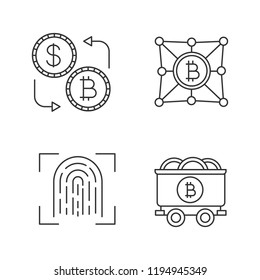 Bitcoin cryptocurrency linear icons set. Currency exchange, fingerprint scanning, mine cart with bitcoin coins. Thin line contour symbols. Isolated vector outline illustrations. Editable stroke