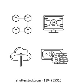 Bitcoin cryptocurrency linear icons set. Cloud mining, savings, blockchain, bitcoin official webpage. Thin line contour symbols. Isolated vector outline illustrations. Editable stroke