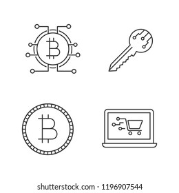 Bitcoin cryptocurrency linear icons set. Digital key, bitcoin with microchip pathway, coin, online shopping. Thin line contour symbols. Isolated vector outline illustrations. Editable stroke