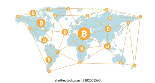 Bitcoin cryptoCurrency Logo und World Map. Typografisches Vektorgrafik-Symbol. 