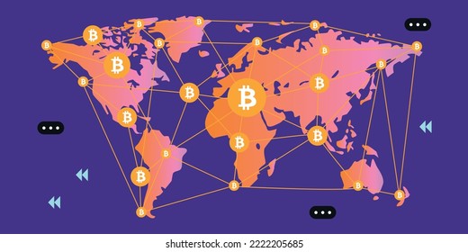 Bitcoin cryptocurrency logo and World map. Typography vector illustration icon. 