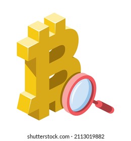 Vidrio de magnificación criptodivisa de bitcoin. Vector 3d línea isométrica, iconos de color web, nuevo estilo plano. Idea de diseño creativo para infografías.