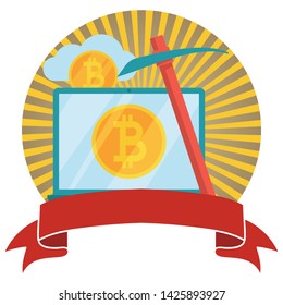 Bitcoin and cryptocurrency mining circled emblem with banner. Crypto currency bit coin. Web and Internet bitcoin money logo. Vector illustration.
