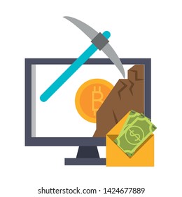 Bitcoin cryptocurrency mining with computer and money in envelope vector illustration graphic design
