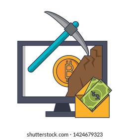 Bitcoin cryptocurrency mining with computer and money in envelope vector illustration graphic design