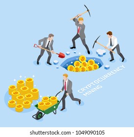 Bitcoin cryptocurrency mining concept. Group of business man use pickaxe working coin mine. Vector illustrations. svg