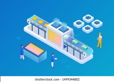 Bitcoin Cryptocurrency Mining farm pool abstract device isometric flat vector illustration. Convert bitcoin to cash dollar. Money laundering concept.