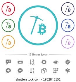 Bitcoin cryptocurrency mining flat color icons in circle shape outlines. 12 bonus icons included.