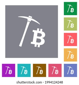 Bitcoin cryptocurrency mining flat icons on simple color square backgrounds