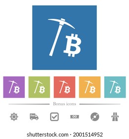 Bitcoin Kryptowährung Mining flache weiße Symbole auf quadratischem Hintergrund. 6 Bonussymbole sind im Lieferumfang enthalten.