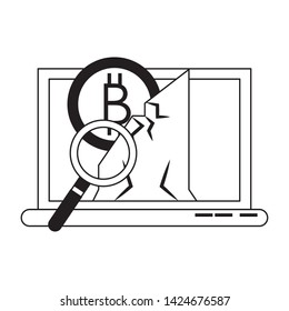 Bitcoin cryptocurrency mining from laptop and magnifying glass symbol vector illustration graphic design