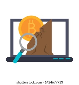 Bitcoin cryptocurrency mining from laptop and magnifying glass symbol vector illustration graphic design