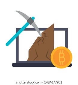 Bitcoin cryptocurrency mining from laptop with pick and coin symbols vector illustration graphic design