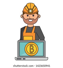Bitcoin cryptocurrency mining from laptop with worker cartoon vector illustration graphic design