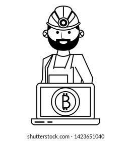Bitcoin cryptocurrency mining from laptop with worker cartoon vector illustration graphic design