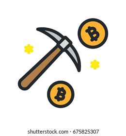 Bitcoin Cryptocurrency Mining Pickaxe Minimal Color Flat Line Outline Stroke Icon Pictogram Symbol