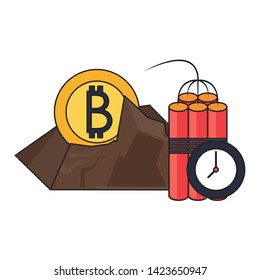 Bitcoin cryptocurrency mining tnt and coin in rocks vector illustration graphic design