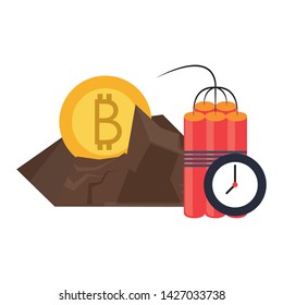 Bitcoin cryptocurrency mining tnt and coin in rocks vector illustration graphic design