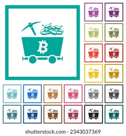 Bitcoin cryptocurrency mining with treasure flat color icons with quadrant frames on white background