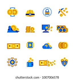 Bitcoin cryptocurrency mining vector icons for electronic virtual money digital currency