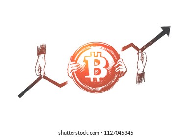 Bitcoin, cryptocurrency, mining,commerce, money concept. Hand drawn cryptocurrency coin in human hands and chart concept sketch. Isolated vector illustration.