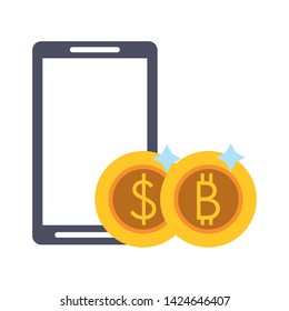 Bitcoin cryptocurrency bitcoin and money from smartphone vector illustration graphic design