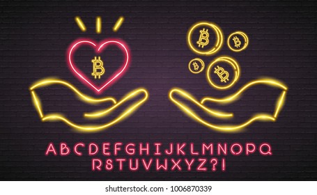 Bitcoin Cryptocurrency Neon Light Glowing with Heart and Hand Symbol. Alphabet Set Neon Red Light