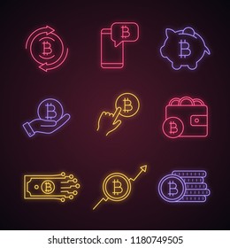 Bitcoin cryptocurrency neon light icons set. Bitcoin exchange, cryptocurrency chat, piggy bank, pay per click, wallet, digital money, market growth, coins stack. Glowing signs. Vector illustrations