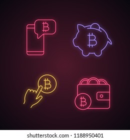 Bitcoin cryptocurrency neon light icons set.  Bitcoin chat, piggy bank, cryptocurrency payment click, digital wallet. Glowing signs. Vector isolated illustrations