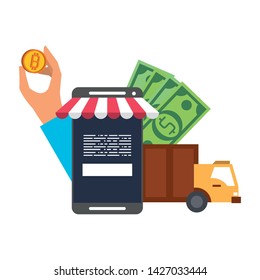 Bitcoin cryptocurrency online payment delivery and smartphone store app symbols vector illustration graphic design
